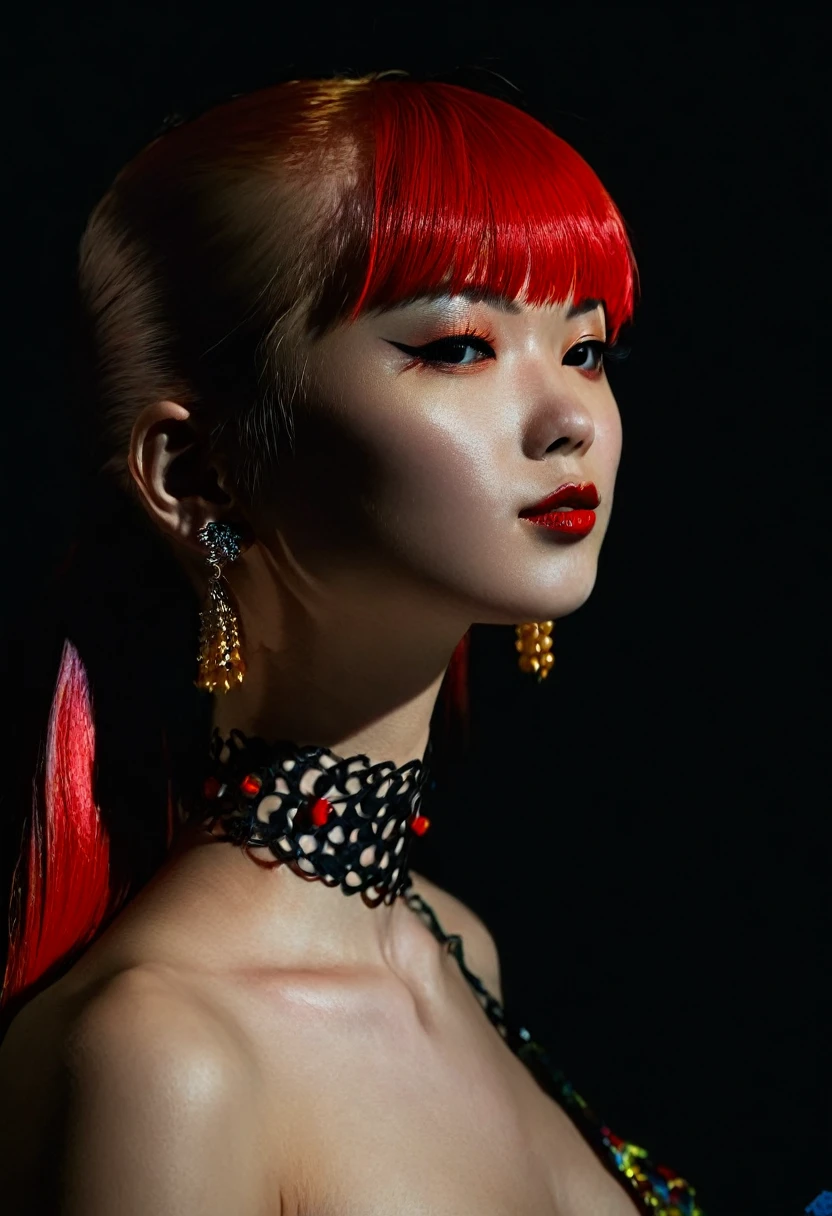 photorealistic portrait of stunning oriental goth woman, long multicoloured hair, platinum with blue and red, bangs, lips parted, seductive, sultry, lustful, choker, long earrings, sexy blouse, silhouetted, light hitting one side of face, the other side in darkness