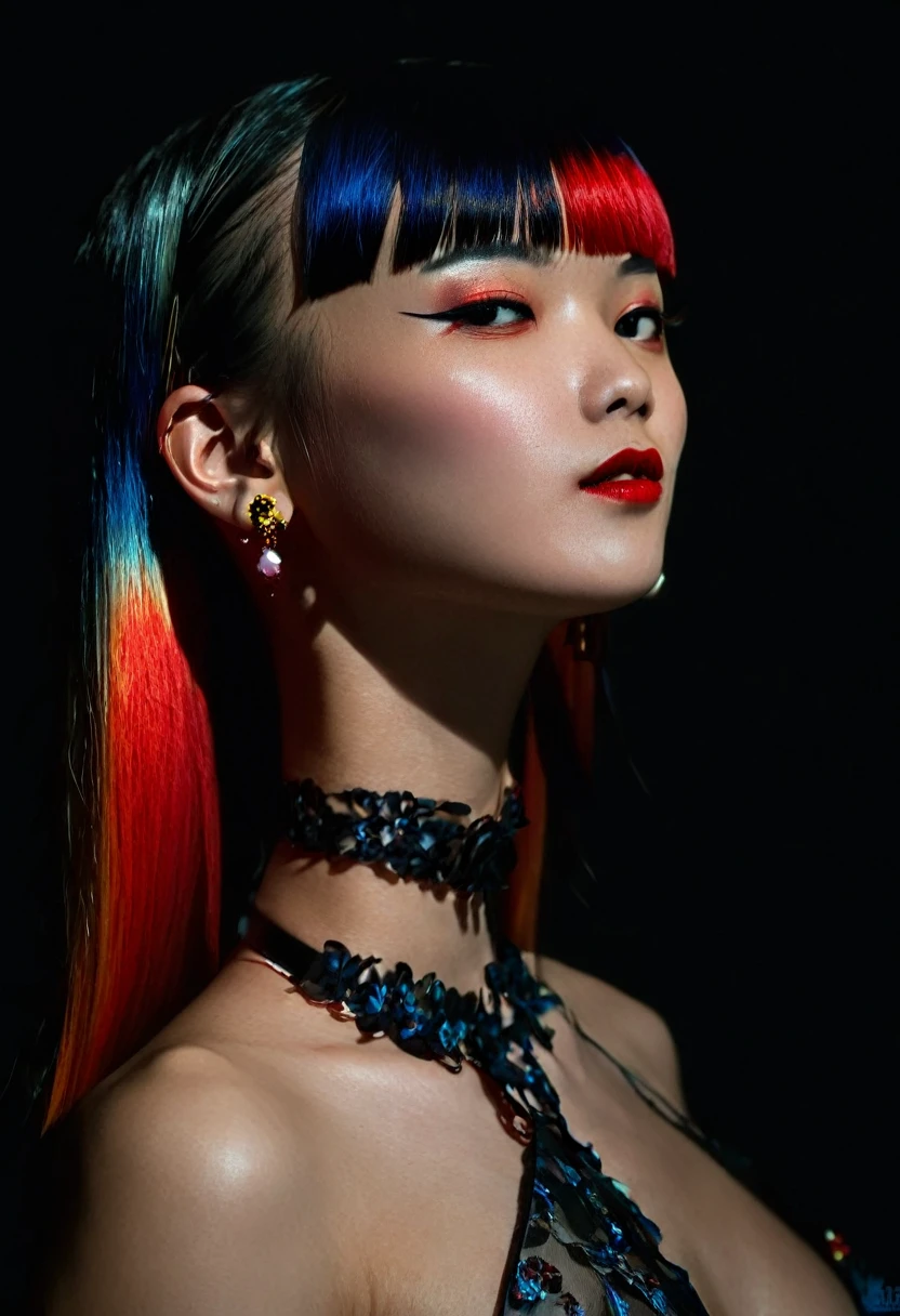 photorealistic portrait of stunning oriental goth woman, long multicoloured hair, platinum with blue and red, bangs, lips parted, seductive, sultry, lustful, choker, long earrings, sexy blouse, silhouetted, light hitting one side of face, the other side in darkness