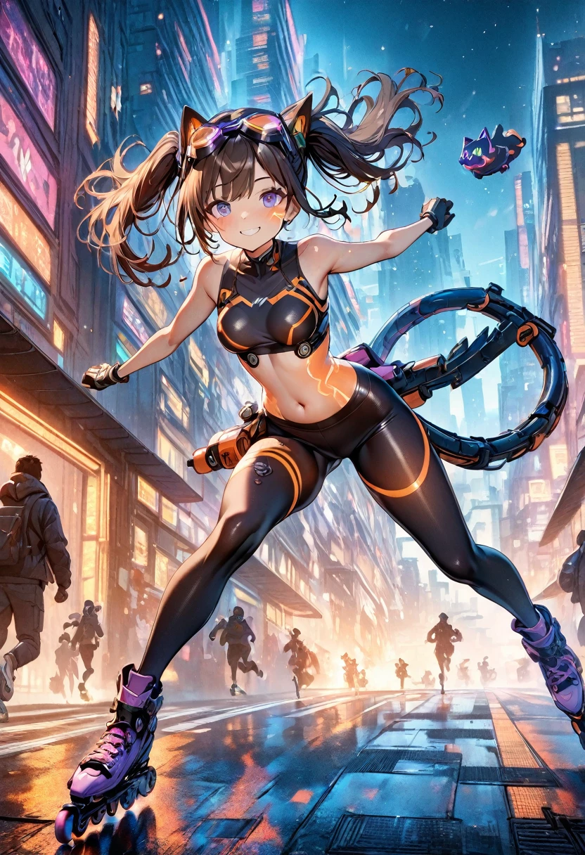 (masterpiece, best quality, ultra detailed, high resolution, detailed facial description), (1 woman:1.3), cute face, slant eyes, (dark brown hair, twin tails), (Equipped with a machine made violet cat face shaped goggles:1.5), (dark violet body wear, Body wear that shows your navel, body wear with fluorescent orange glowing lines:1.2), (dark violet bike shorts, Bike shorts with glowing fluorescent orange lines:1.2), Connect the two mechanical tail attachments to the back.1.2, inline skates, (smile:1.2), (Dynamic posing:1.2, running around on inline skates:1.3), (cyberpunk, skyscraper)