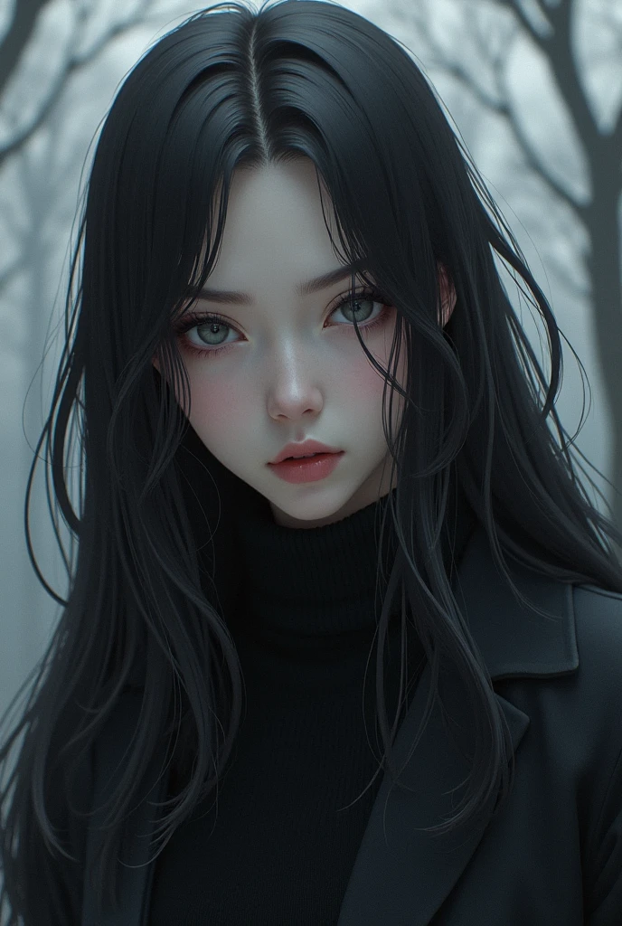 1 guy, solo,  grey eyes ,  long lashes, black wolves ,  long hair,  pale skin,  asian extraternity, narrow eyes,  black turtleneck 