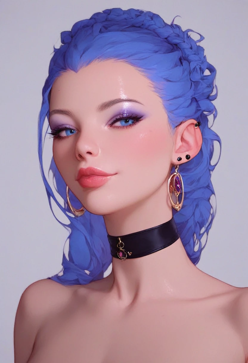 photorealistic portrait of stunning oriental goth woman, long multicoloured hair, platinum with blue and red, bangs, lips parted, seductive, sultry, lustful, choker, long earrings, sexy blouse, silhouetted, light hitting one side of face, the other side in darkness