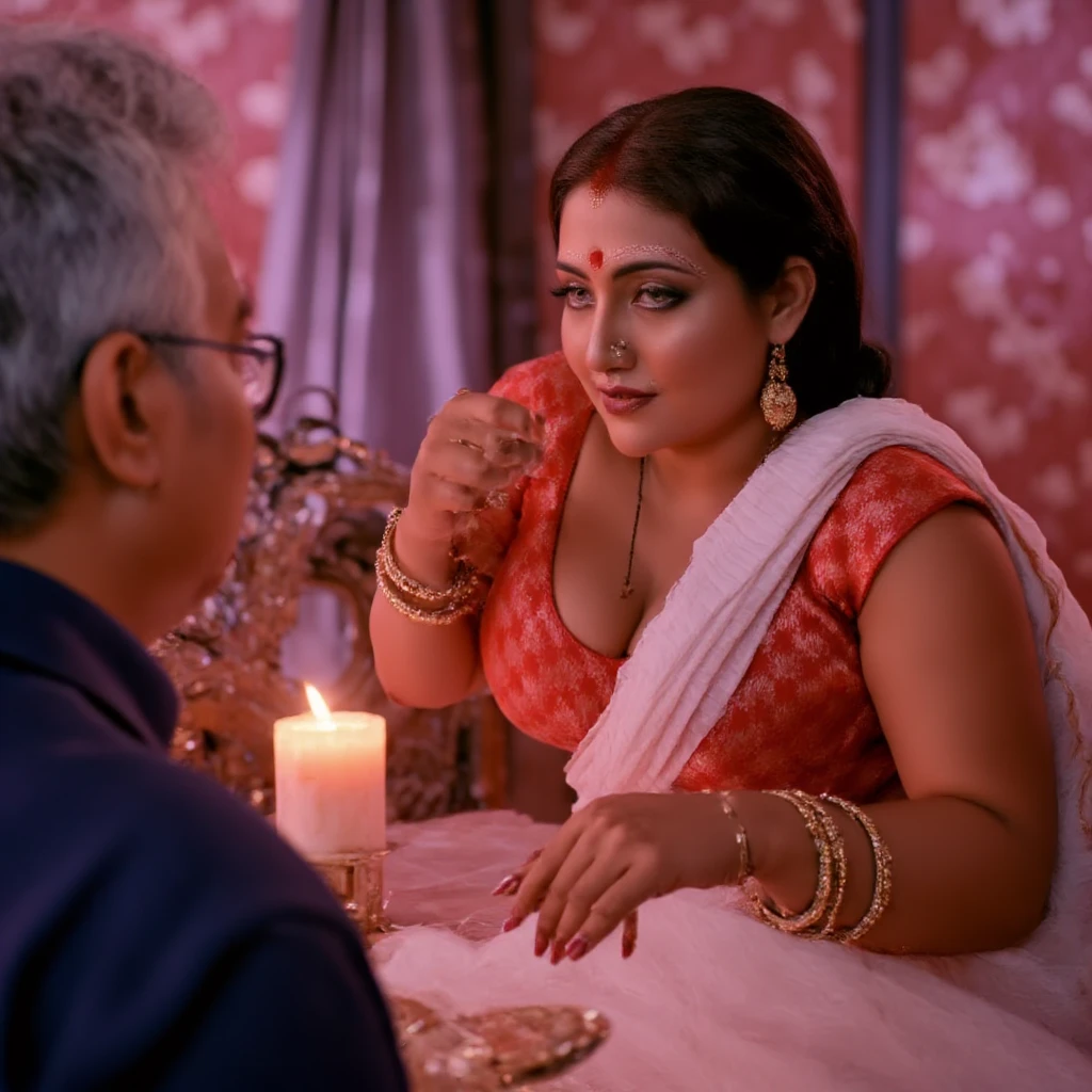 In the intimate glow of the candlelit dining room, the atmosphere is thick with desire. The female witch, adorned in a maroon sari with gold embroidery, sits gracefully across from the older man. Her body is a study of seductive curves, with her large breasts accentuated as they gently rest on the table. The deep neckline of her sari reveals her cleavage, making her presence impossible to ignore. The fit of the fabric hugs her hourglass figure, showing off her wide hips and voluptuous frame, while her posture remains poised and elegant, yet suggestive.

Her makeup is bold, her eyes rimmed with a smokey intensity that makes them appear almost hypnotic. The long, curled lashes flutter as she glances at him, her gaze locking with his in a moment of silent communication. But it’s her lips—shiny, full, and coated in a glossy wet black lipstick—that draw the most attention. The glossy sheen on her lips gleams under the candlelight, making them appear as though they've just been kissed. Each time she speaks or takes a bite of food, the glossy wetness intensifies, adding to the allure of her every motion.

As she eats, her lips part sensually, the wet lipstick glistening with each movement, accentuating the fullness and curve of her mouth. The older man, unable to resist the pull of her presence, finds his gaze drifting back to her lips, mesmerized by the glossy shine that coats them. Her seductive aura fills the room, with the air itself growing heavy and infused with a magical pinkish glow. It’s as if the very atmosphere is enchanted, charged with the witch’s power and the growing tension between them.

The soft pink light flickers in the background, casting long shadows on the table, creating an intimate and suggestive atmosphere. The food before them seems almost secondary as the older man finds himself captivated by the witch’s charm. Every movement she makes—every seductive tilt of her head, every deliberate parting of her lips—deepens the spell she’s weaving around h