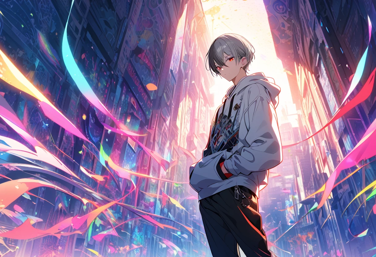  handsome, Alone, 1 male, Gray Hair, Red eyes,  Long Sleeve ,  white hooded hoodie, noon, White Light,cute目, Short Hairstyle ,cute,Falling from the sky, background with design ,Many colors, sparkling scenery , bright , looking at camera,Making a peace sign,Stylish Background, putting his hands in pockets ,Fantastic Background,imaginative background 