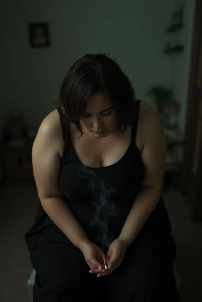 Image of woman with medium length curly messy blue hair, overweight decadent smoking sitting leaning against the wall on a mattress on the floor in the corner of the wall in the shoegaze vibe in a dark room head down, generate with depressive blurry image.
