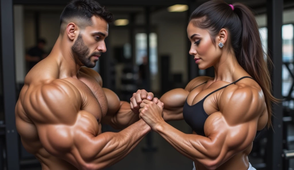 Ayesha Al-Mansoori, a 29-year-old model from the United Arab Emirates, with an impressive height of 1.90 meters and extremely defined musculature, is engaged in an arm-wrestling match against an average-height man in a gym in Dubai. Ayesha, with a challenging look, maintains a dominant posture, with the muscles in her arms visibly tense as she easily crushes her opponent's hand. The man, clearly weaker, has a strained expression on his face as his fingers give way to Ayesha's unstoppable strength. She keeps her gaze fixed, with a slight victorious smile, while the power difference between them is evident, showing how her muscular body gives her a complete advantage.