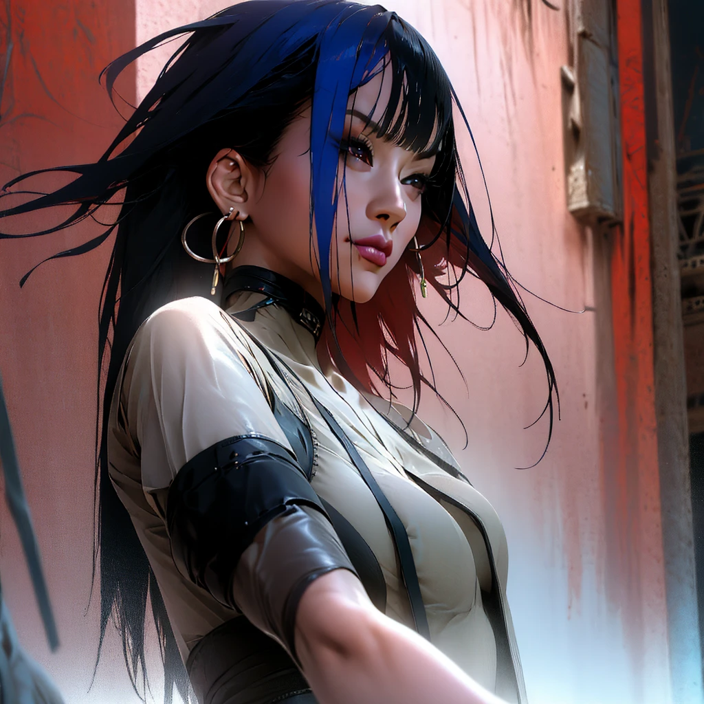 photorealistic portrait of stunning oriental goth woman, long multicoloured hair, platinum with blue and red, bangs, lips parted, seductive, sultry, lustful, choker, long earrings, sexy blouse, silhouetted, light hitting one side of face, the other side in darkness