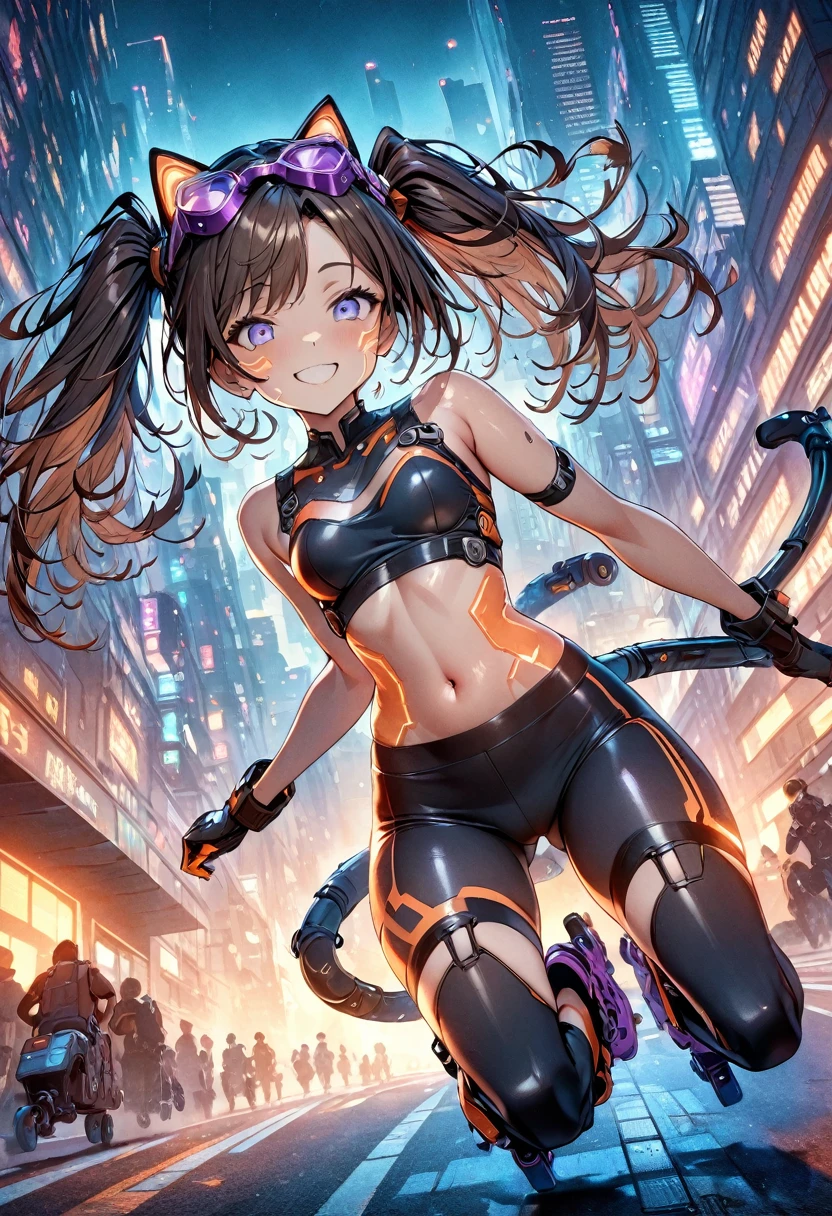 (masterpiece, best quality, ultra detailed, high resolution, detailed facial description), (1 woman:1.3), cute face, slant eyes, (dark brown hair, twin tails), (Equipped with a machine made violet cat face shaped goggles:1.5), (dark violet body wear, Body wear that shows your navel, body wear with fluorescent orange glowing lines:1.2), (dark violet bike shorts, Bike shorts with glowing fluorescent orange lines:1.2), Connect the two mechanical tail attachments to the back.1.2, inline skates, (smile:1.2), (running around on inline skates:1.3), Give a sense of speed, (cyberpunk, skyscraper), (dutch angle:1.3)