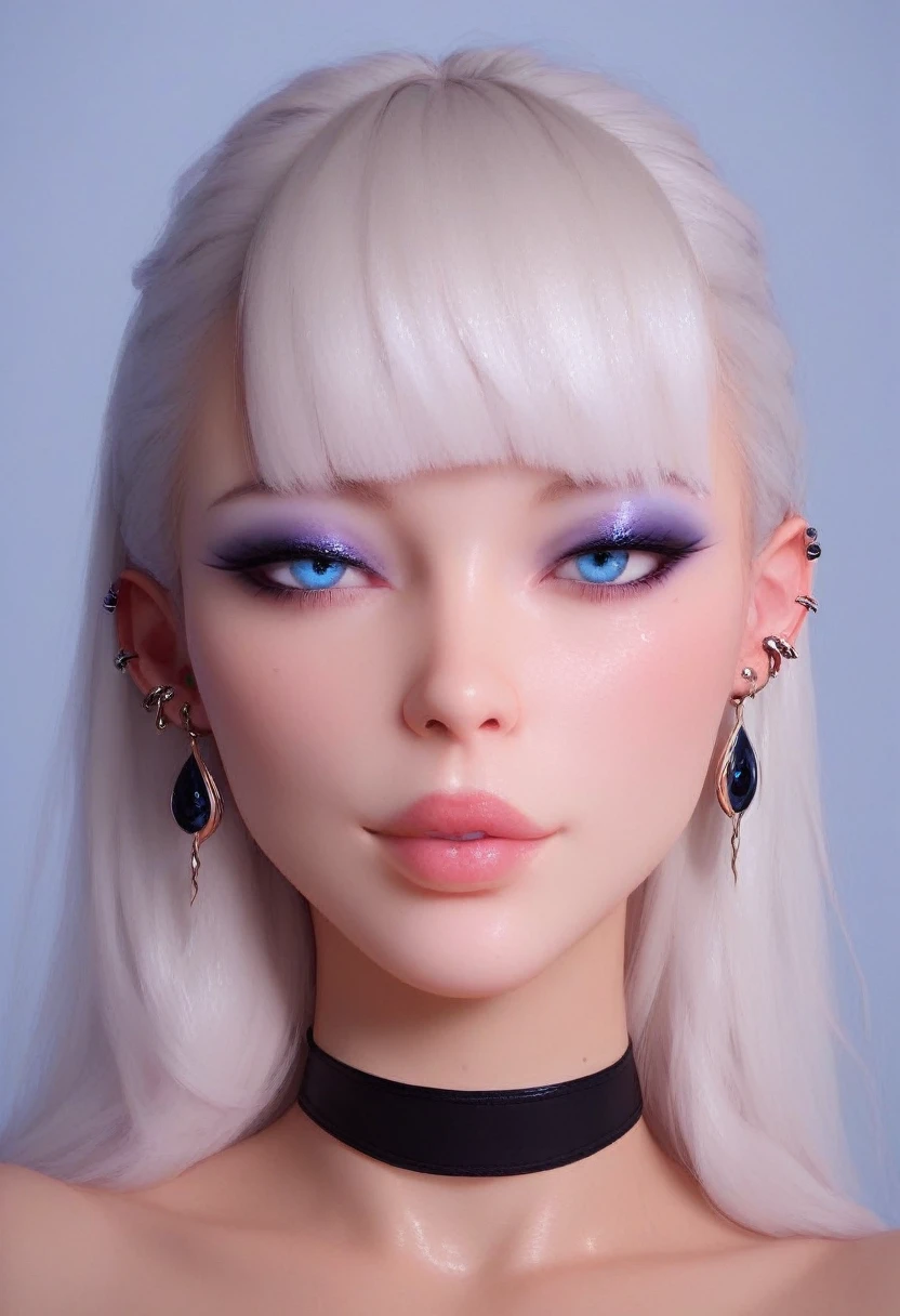 photorealistic portrait of stunning oriental goth woman, long multicoloured hair, platinum with blue and red, bangs, lips parted, seductive, sultry, lustful, choker, long earrings, sexy blouse, silhouetted, light hitting one side of face, the other side in darkness