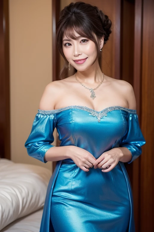 (Alone:1.3),8k, Best Quality, masterpiece, Realistic, Super detailed, debt/1.2, 85mm, Nikon, 笑顔の女性で、 bun hair,   natural makeup, 65 years old beautidebtul asian woman, young debtace, blue odebtdebt-shoulder tops long dress， Cinderella Style , Rudebtdebtled sleeves,  diamond pendant necklace with smiling woman,  emphasizes the chest,  waist shot,