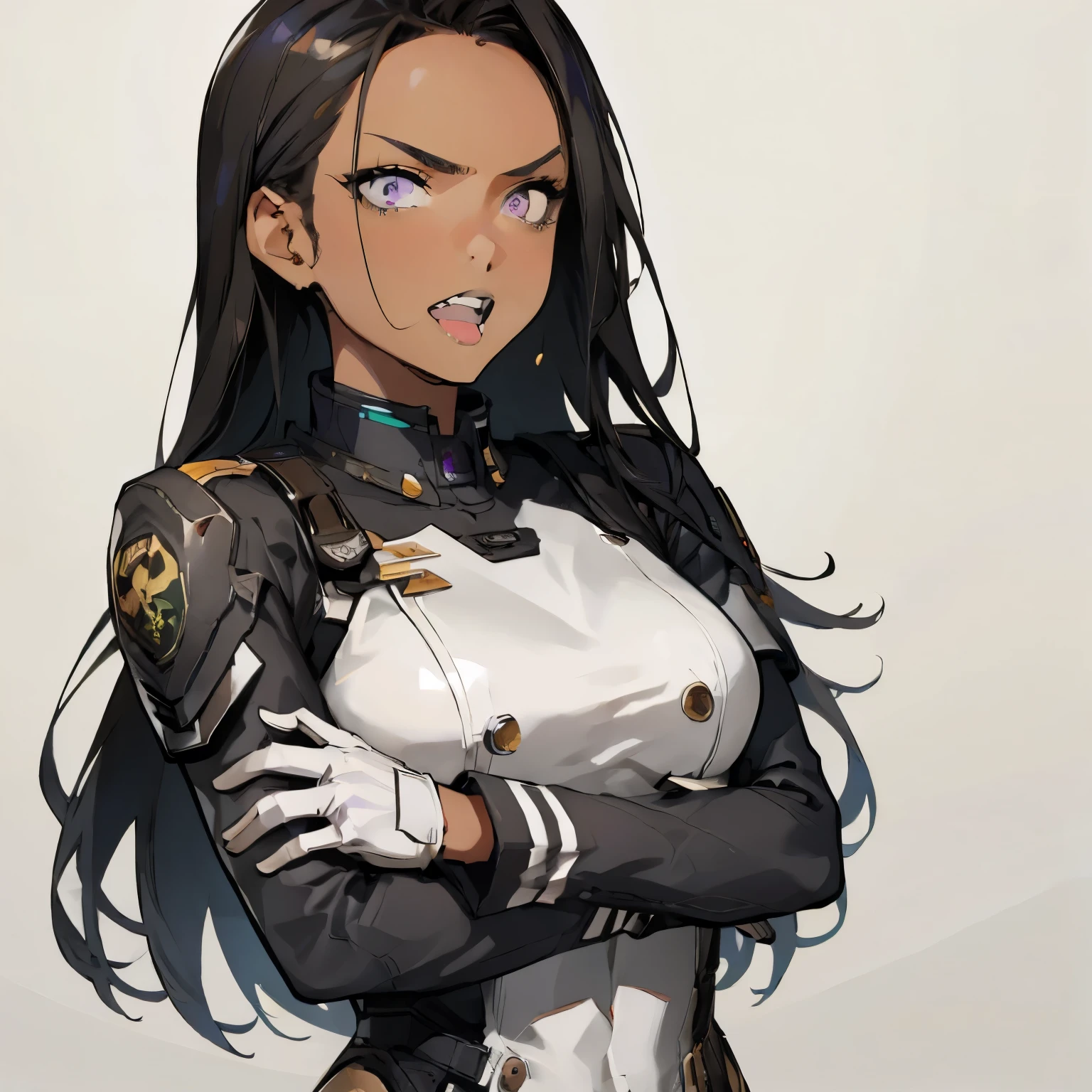 Anime style, semi realistic, futuristic street wear clothing, young woman with ((brown skin)), long black hair, serious expression, purple eyes, shark aesthetic, open mouth, shark teeth, military maid, Looking at viewer, High Resolution, 1girl, Simple background,  Masterpiece, Accurate, Anatomically Correct, Best Quality, Art Deco, HD, High Details