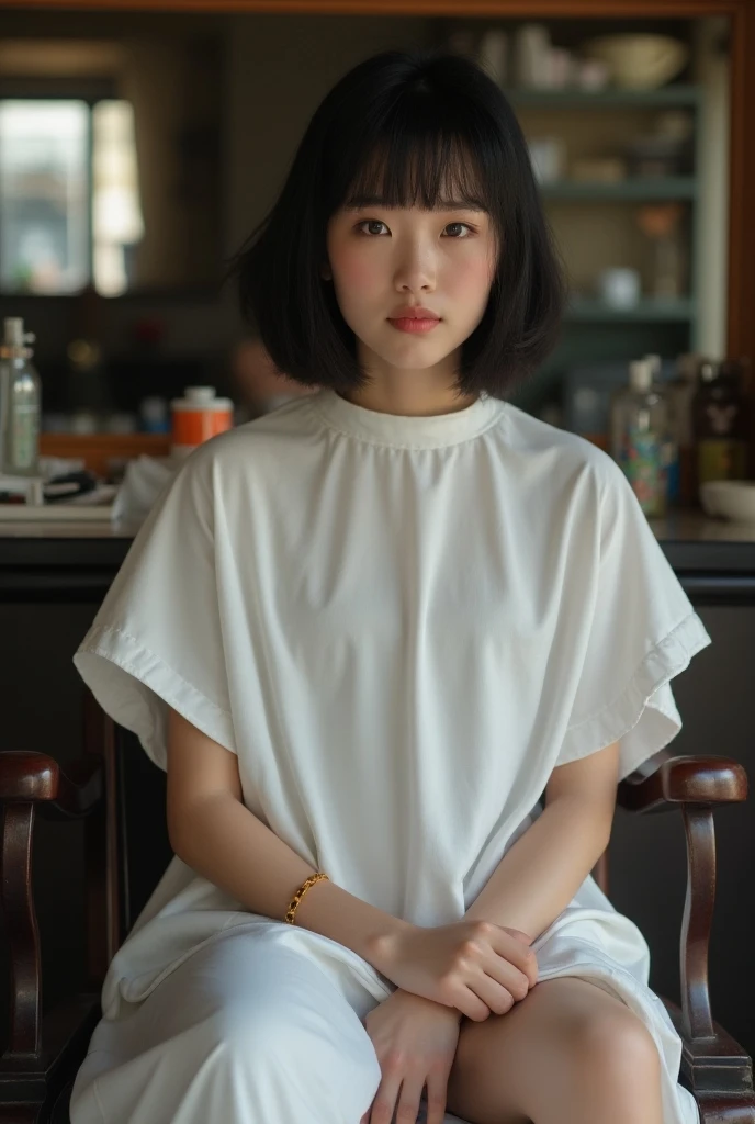 One girl, black hair, bangs, bob-cut hair, wearing a white cloth for a haircut, sitting on a wooden chair with a straight back, perfect anatomy, in an abandoned science room, concrete walls and floor, cut hair scattered, depth of field, mental silence, transcendental tranquility, Absurdres, HDR, ultra-detailed illustration, highly detailed face, RAW photo, film grain, Deviantart trends, movie scenes, natural light