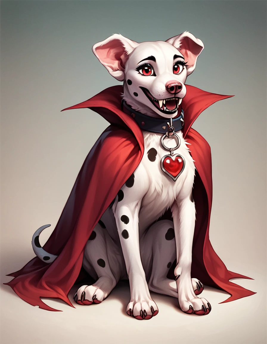 score_9, score_8_up, score_7_up, score_6_up, detailed background, feral, furry, female, dog, Dalmatian, dolly_d, white fur color, red vampire eyes, collar, animal ears, tail, ((sitting, pretty eyes, raising one paw, looking straight ahead, happy)) (park, temperature quality, photography design, cartoon realistic style), long black vampire cape, sharp vampire fangs, full body,