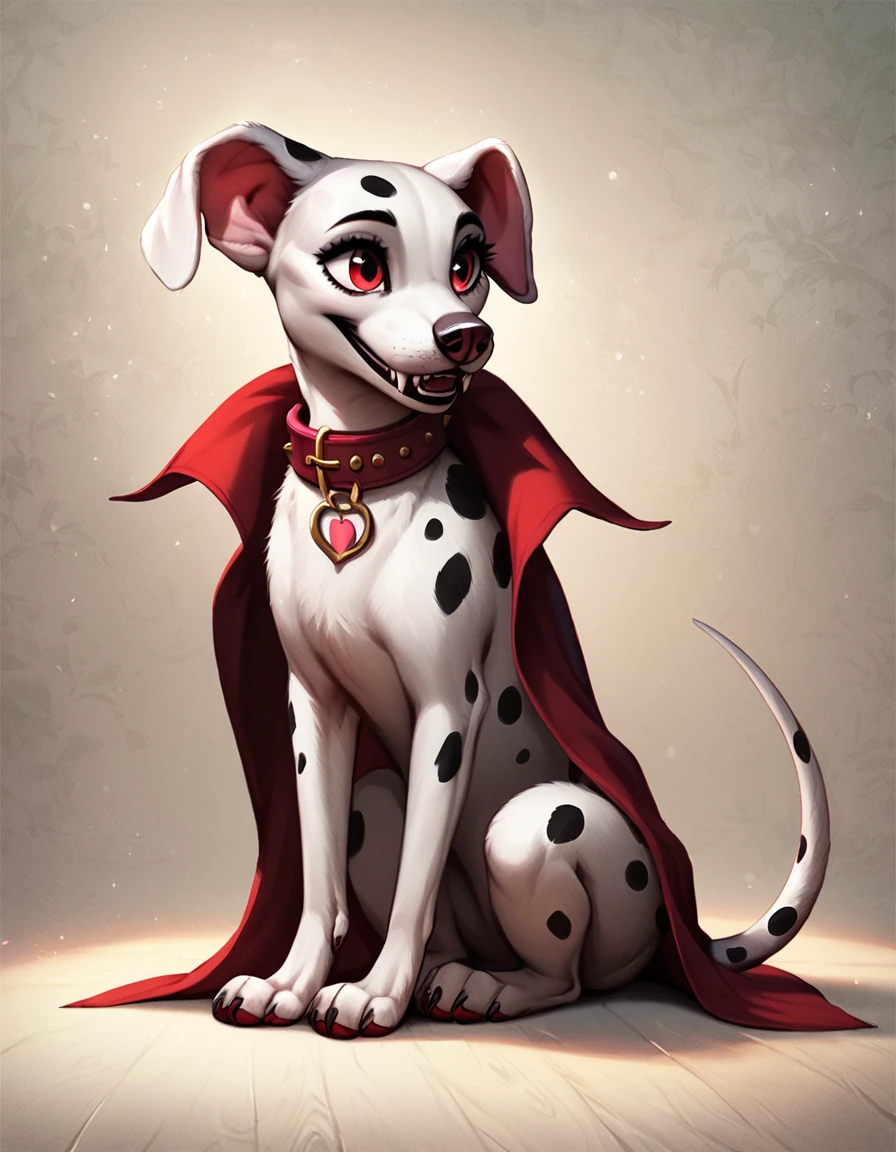 score_9, score_8_up, score_7_up, score_6_up, detailed background, feral, furry, female, dog, Dalmatian, dolly_d, white fur color, red vampire eyes, collar, animal ears, tail, ((sitting, pretty eyes, raising one paw, looking straight ahead, happy)) (park, temperature quality, photography design, cartoon realistic style), long black vampire cape, sharp vampire fangs, full body,