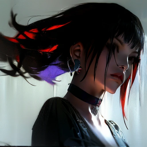 photorealistic portrait of stunning oriental goth woman, long multicoloured hair, platinum with blue and red, bangs, lips parted, seductive, sultry, lustful, choker, long earrings, sexy blouse, silhouetted, light hitting one side of face, the other side in darkness