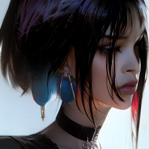 photorealistic portrait of stunning oriental goth woman, long multicoloured hair, platinum with blue and red, bangs, lips parted, seductive, sultry, lustful, choker, long earrings, sexy blouse, silhouetted, light hitting one side of face, the other side in darkness