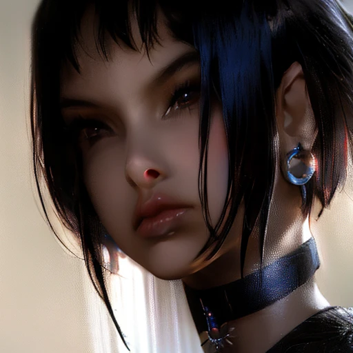 photorealistic portrait of stunning oriental goth woman, long multicoloured hair, platinum with blue and red, bangs, lips parted, seductive, sultry, lustful, choker, long earrings, sexy blouse, silhouetted, light hitting one side of face, the other side in darkness