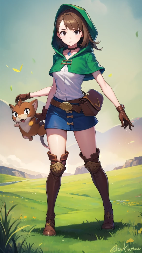 (masterpiece, best quality:1.2), 1girl, pokemon trainer gloria, scared face, looking at horizon, bokoblin, escaping from a bokoblins, medium brown hair, brown eyes, green capelet, green hood, leather gloves, skirt, thigh boots, choker, belt, medium breasts, full body, hyrule field breath of the wild, sword in righ hand 