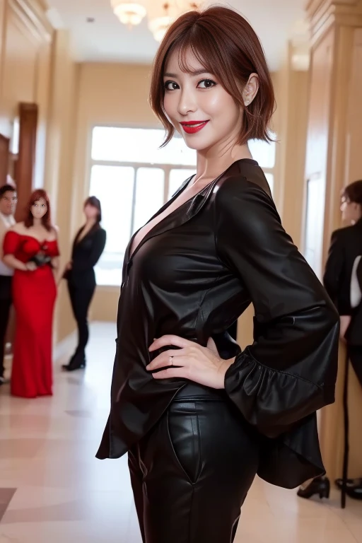 （38 years old), （ was wearing a black business suit:1.2）,（Black wool pants）、（ White Ruffle Blouse：1.4）、 double eyelid, eyelash, Red lipstick, (smile:1), ((close your eyes:0.85)), (gazing at the viewer、 is standing), (the above:0.2)、Pointed red mouth、(Reddish brown hair）、（ short wavy hair),clavicle、 ( photorealistic:1.3),( RAW Photos）,(、到着ロビーに is standing、Dazzling sunlight、Modern architecture) , 8k, Super detailed, Best Quality, Beautiful Skin,  Anatomically Accurate, masterpiece , Best Quality,  Movie Lighting,   standing in the arrival lobby , surrealism  ,(Realistic:1. 3),( RAW Photos) , (smile:1.2), Anaglyph,   stereogram  , ( mature women:1), ((close:0.5)), Glare, double eyelid, ((gazing at the viewer)), Slightly thick body type , My eyes widened.. , Perfect round eyes , fine texture