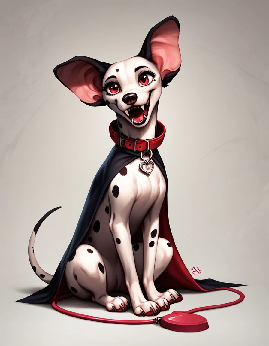 score_9, score_8_up, score_7_up, score_6_up, detailed background, feral, furry, female, dog, Dalmatian, dolly_d, white fur color, red vampire eyes, collar, animal ears, tail, ((sitting, pretty eyes, raising one paw, looking straight ahead, happy)) (park, temperature quality, photography design, cartoon realistic style), long black vampire cape, sharp vampire fangs, full body,gothic background, detailed background