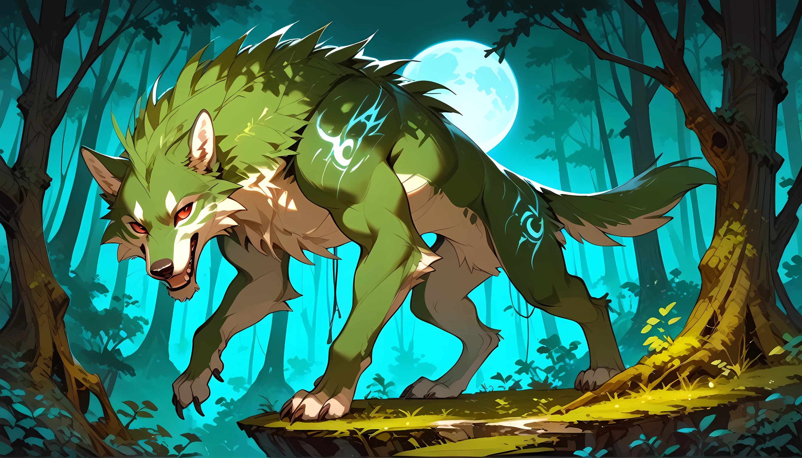 score_9, score_8_up, score_7, a anthropomorphic wolf howling in the night at the forest, a soft glowing moon hanging above the forest