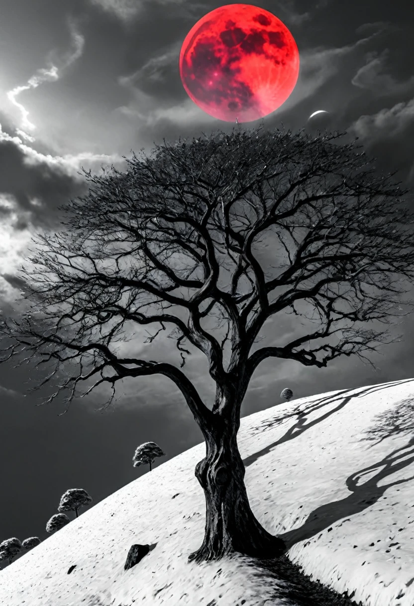 surreal theme, anime style, white fleecy hill, sprawling black and white tree, red neon moon in white and gray sky, max details, dynamic, great lighting, perfect shading, atmospheric, best quality, sharp focus, high contrast, stylized, clear, surreal, ultra quality, 8k, best quality, masterpiece