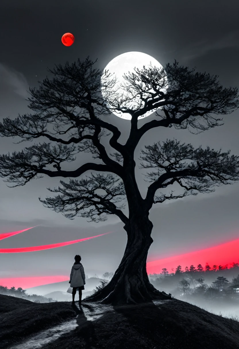 surreal theme, anime style, white fleecy hill, sprawling black and white tree, red neon moon in white and gray sky, max details, dynamic, great lighting, perfect shading, atmospheric, best quality, sharp focus, high contrast, stylized, clear, surreal, ultra quality, 8k, best quality, masterpiece