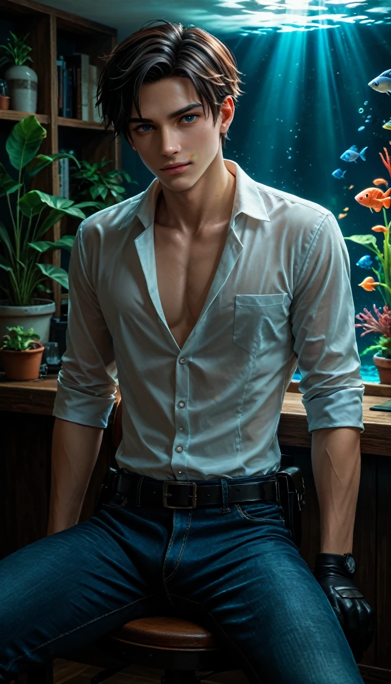 (score_9, score_8_up, score_7_up) a man with an elongated face  ((with dark gray eyes)),  black short hair , in a white shirt unbuttoned at the chest, with a holster , shirt tucked into black jeans,  He wears black leather gloves without fingers,  sits on a chair in a very dark room with  (full-wall aquarium ,  A beautiful blue elite aquarium , with little fishes), esthetically pleasing, beautiful, realistic, close-up, professional photo, 4K, high resolution, high detail, 30mm lens, 1/250s, ISO 100, pixel graphics, bright lighting,