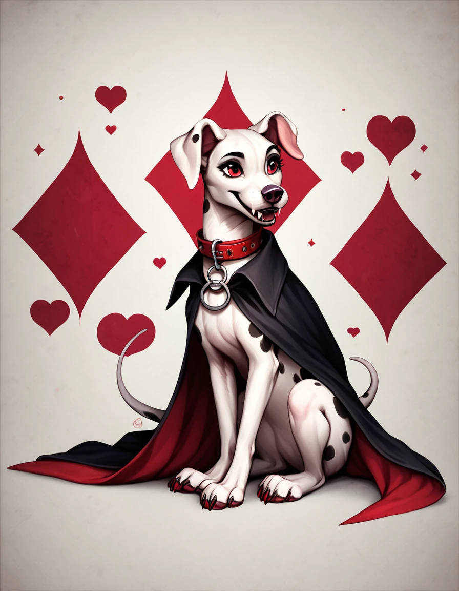 score_9, score_8_up, score_7_up, score_6_up, detailed background, feral, furry, female, dog, Dalmatian, dolly_d, white fur color, red vampire eyes, collar, animal ears, tail, ((sitting, pretty eyes, raising one paw, looking straight ahead, happy)) (park, temperature quality, photography design, cartoon realistic style), long black vampire cape, sharp vampire fangs, full body,(((gothic background))), detailed background