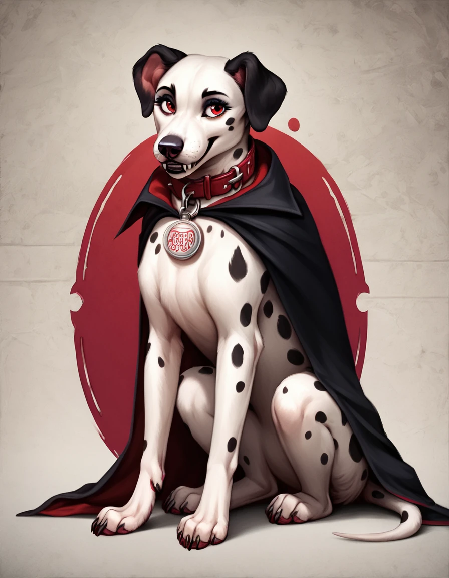 score_9, score_8_up, score_7_up, score_6_up, detailed background, feral, furry, female, dog, Dalmatian, dolly_d, white fur color, red vampire eyes, collar, animal ears, tail, ((sitting, pretty eyes, raising one paw, looking straight ahead, happy)) (park, temperature quality, photography design, cartoon realistic style), long black vampire cape, sharp vampire fangs, full body,(((gothic background))), detailed background