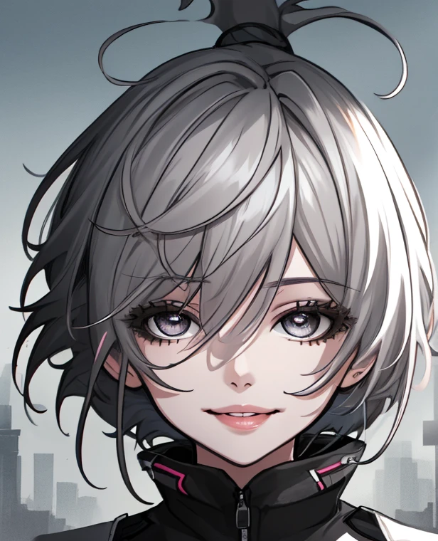 (best quality,4k,8k,highres,masterpiece:1.2),ultra-detailed,realistic,portrait,girl,gray eyes,short hair,white skin,dark gray hair,beautiful detailed eyes,beautiful detailed lips,hair flowing in the wind,looking at the viewer,soft lighting,vivid colors,subtle smile