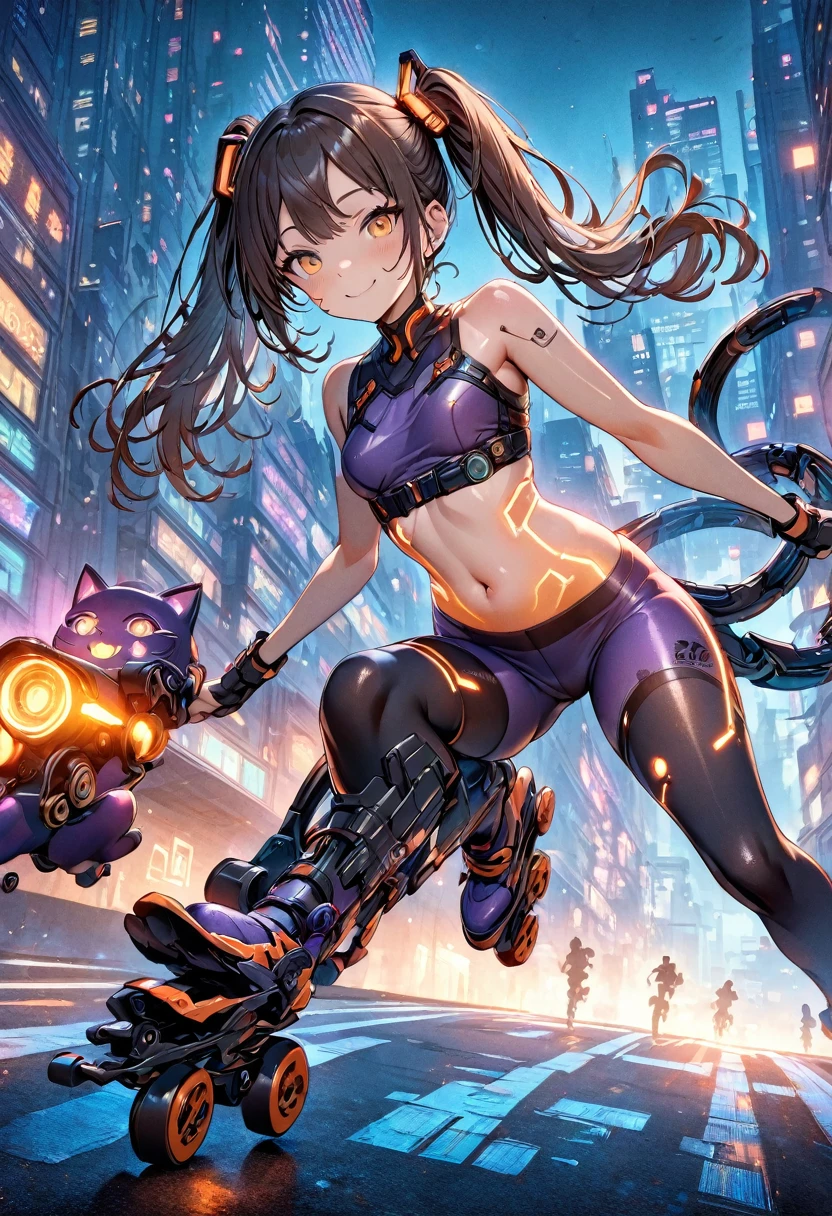 (masterpiece, best quality, ultra detailed, high resolution, detailed facial description), (1 woman:1.3), cute face, slant eyes:1.1, orange eyes, (dark brown hair, twin tails), (Equipped with a machine made violet cat face shaped goggle:1.6), (dark violet body wear, Body wear that shows your navel, body wear with fluorescent orange glowing lines:1.2), (dark violet bike shorts, Bike shorts with glowing fluorescent orange lines:1.2), Connect the two mechanical tail attachments to the back.1.2, inline skates, (smile:1.2), (running around on inline skates:1.3), An effect that gives a sense of speed:1.5, (cyberpunk, skyscraper), (dutch angle:1.3), looking at viewer