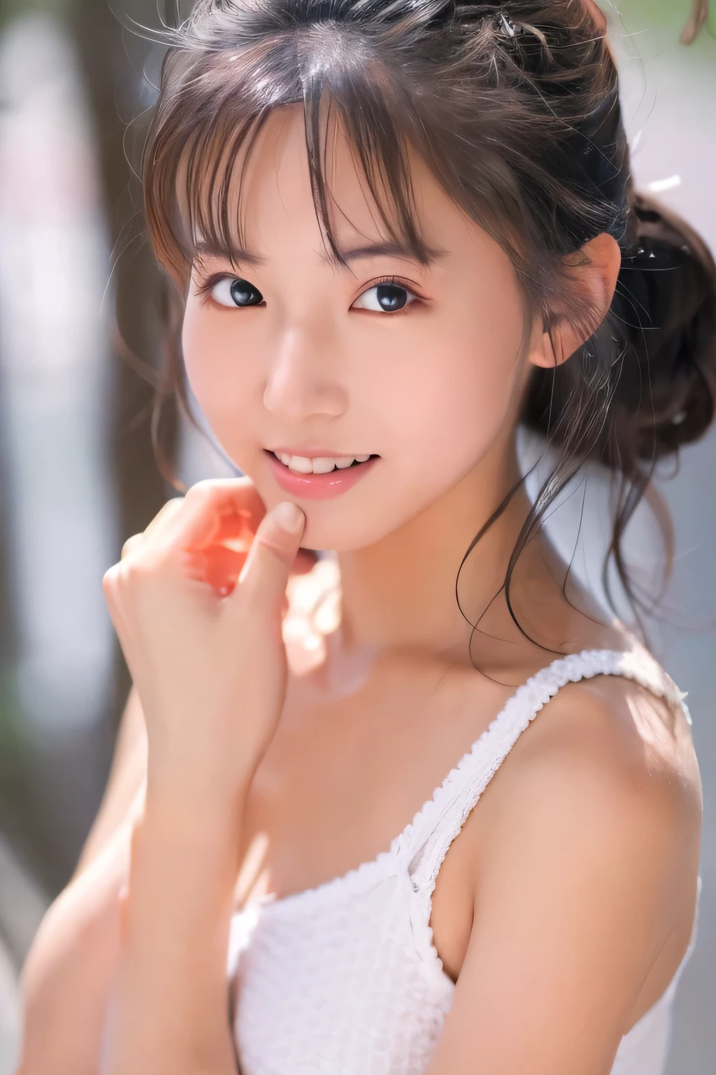 (((​masterpiece))),(((Full body photo)))， (One beautiful Japan girl, Pure and innocent，kawaii) ，超A high resolution, Realistic, ultra-detailliert, 8K,top-quality, Extremely detailed, A slender,(Detailed face:1.3), (Hair is tied in a bun.，A dark-haired :1.4), (a ，kawaii系,adorable 14 year oPerfect body:1.1),  (white ruffle one piece swimsuit), Provocative smile，Super Detailed Face、Detailed lips、A detailed eye、small gravure idol，((Beautiful collarbone，beautiful thigh))，Transparent skin、Lori，Wet face，a wet body，pool in the strong summer sun，Looking back，sexy  pose