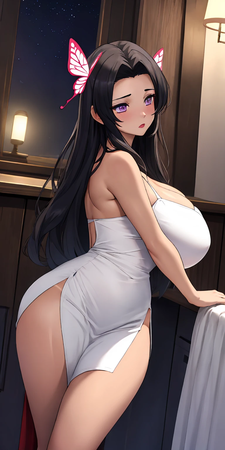 masterpiece, best quality, extremely detail 8k cg, high resolution, 1girl, solo, mature female, kochou kanae, butterfly hair ornament, parted bangs, hair intakes, black hair, violet eyes, tan skin, jewelry, big boobs, gigantic breasts, round breasts, cleavage, mini dress, side slit, night time, moonlight, indoors, beautiful face, looking away, medium full shot