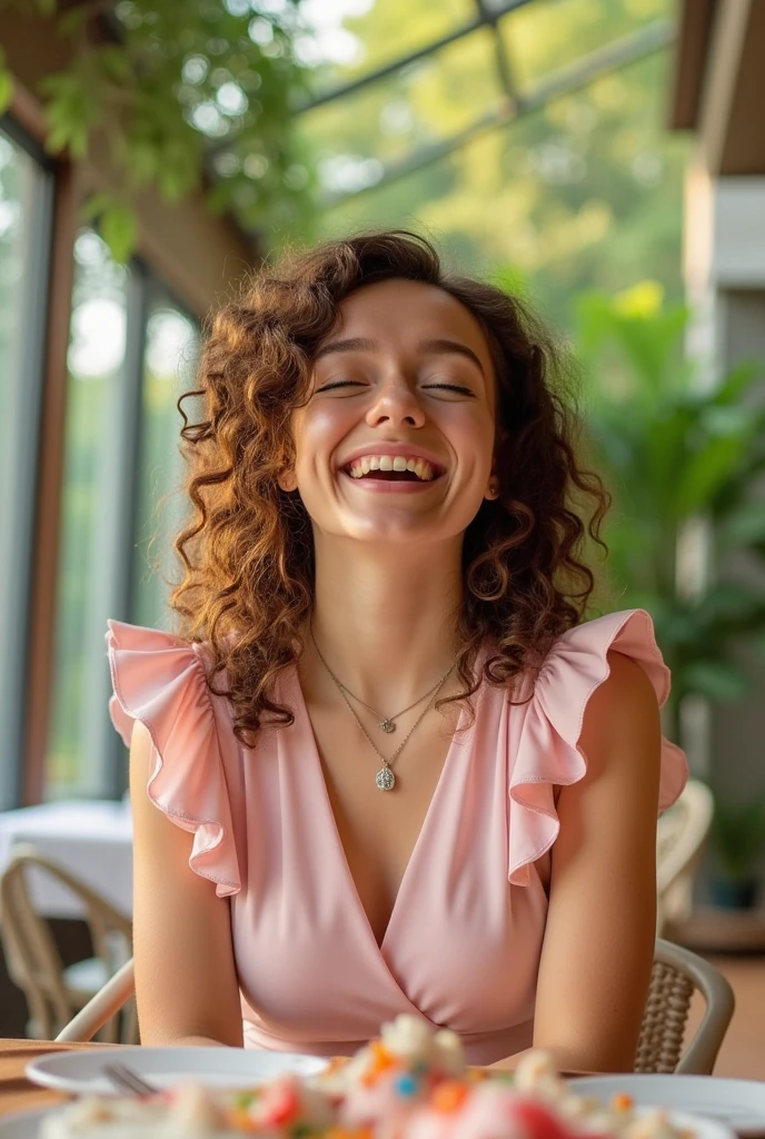 The image is a photograph of a young woman celebrating a birthday. She is sitting at a table outdoors, surrounded by a lush green background with large windows and a patio. The woman, with curly, light brown hair, is smiling broadly, her eyes closed, suggesting she is happy and joyful. She is wearing a light pink, short-sleeved dress with ruffled shoulders and a V-neck.