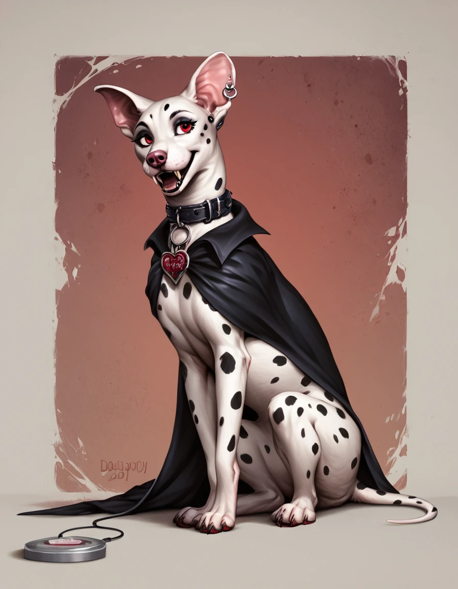 score_9, score_8_up, score_7_up, score_6_up, detailed background, feral, furry, female, dog, Dalmatian, dolly_d, white fur color, red vampire eyes, collar, animal ears, tail, ((sitting, pretty eyes, raising one paw, looking straight ahead, happy)) (park, temperature quality, photography design, cartoon realistic style), long black vampire cape, sharp vampire fangs, full body,(((gothic background))), detailed background