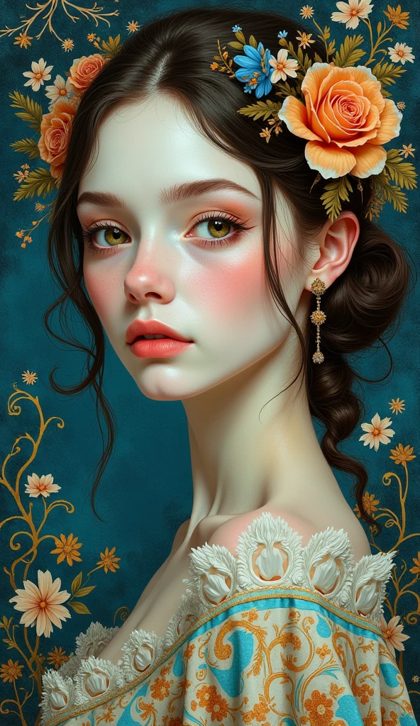 a painting of a woman with a flower crown on her head, flower goddess, woman in flowers, she has a crown of flowers, a goddess in a field of flowers, covered with flowers, mucha klimt and tom bagshaw, girl in flowers, persephone in spring, flower queen, goddess of spring, jinyoung shin art, female portrait with flowers, RAW photo of (adult:1.3),a  female burst of tangy crimson cascades,entwining magic and technology with viscous allure disappears into the shadows,in a neo-expressionist masterpiece of gold embrace,topless,small breasts,hair between eyes,(skinny, thin body:0.4),(chiaroscuro:1.3),(octane render masterpiece,masterpiece scale,beautiful depth of field,ultra wide field,ultra detailed CG perspective,ultra dynamic lighting amazing shadows,dramatic lighting), Convey the sense of inner strength and confidence. Introduce a gentle, atmospheric haze in the environment, creating a soft diffusion of light and giving the impression of gold aura and presence.