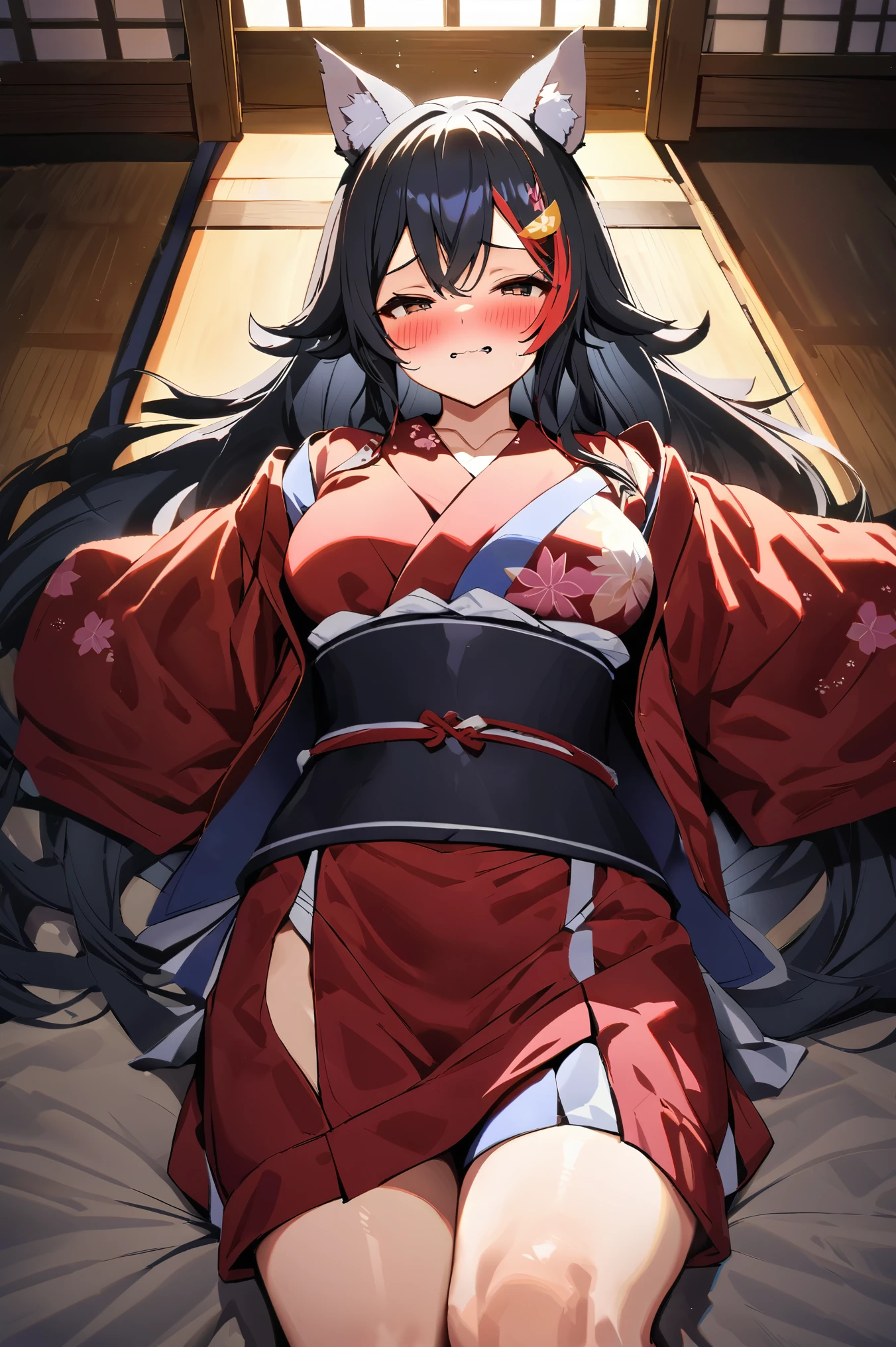 NSFW,masterpiece,Best Quality, high resolution on down, very detailed,Ogami Mio \( ho****ve \), very long hair,Black Hair,Wolf Ears,Hair accessories、kimono,yukata, off shoulder,Inn at night,Japanese-style room, moonlight,futon, dissatisfied face,blush,Sleepy face, has sex appeal,sweat, Hollow Eyes, open clothes, lying down,Lying on your back