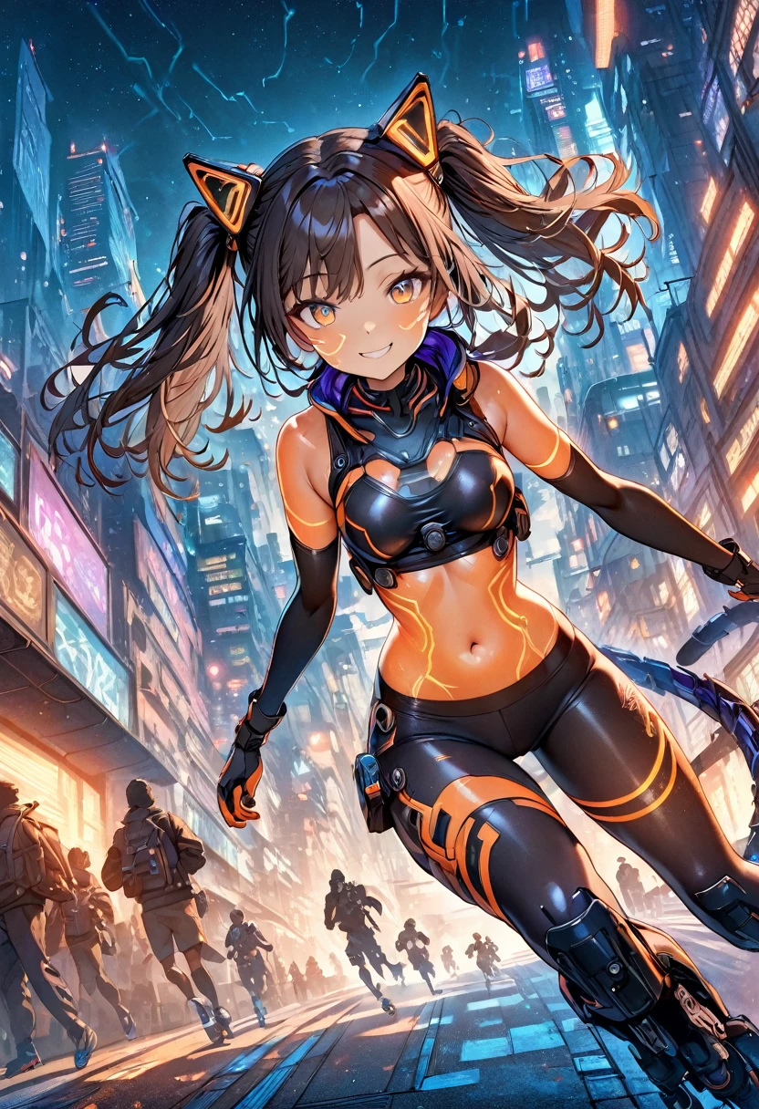 (masterpiece, best quality, ultra detailed, high resolution, detailed facial description), (1 woman:1.3), cute face, slant eyes:1.1, orange eyes, (dark brown hair, twin tails), (Equipped with a machine made violet cat face shaped goggle:1.6), wear a transparent jacket, (dark violet body wear, Body wear that shows your navel, body wear with fluorescent orange glowing lines:1.2), (dark violet bike shorts, Bike shorts with glowing fluorescent orange lines:1.2), Connect the two mechanical tail attachments to the back.1.2, inline skates, (smile:1.2), (running around on inline skates:1.3), (cyberpunk, skyscraper), (dutch angle:1.3), looking at viewer, (Added a speeding effect:1.3)