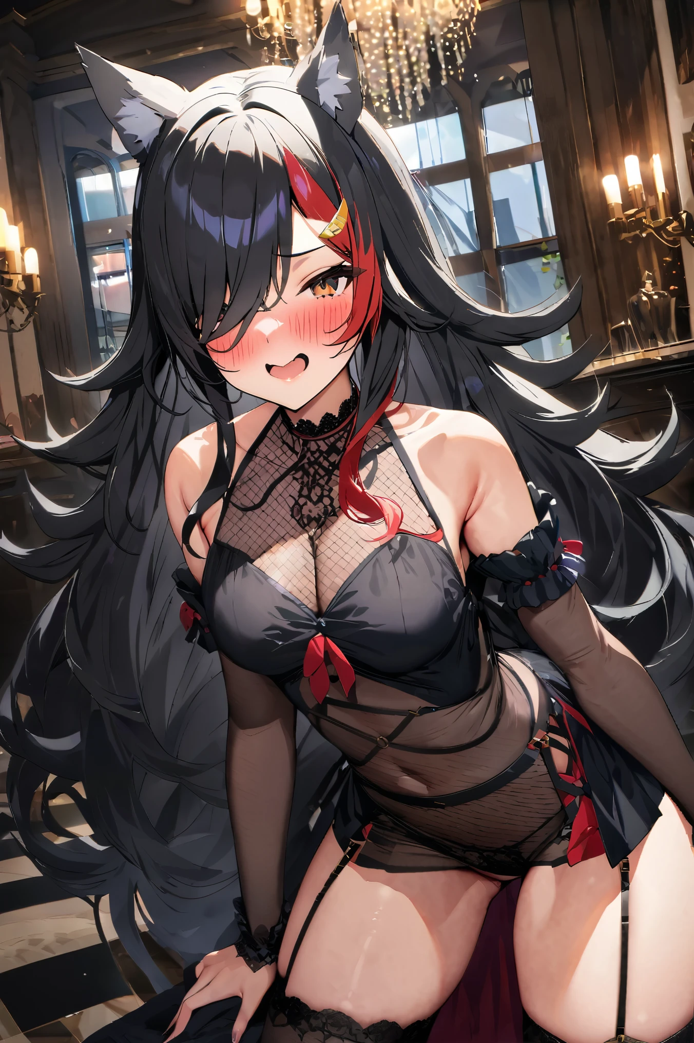 NSFW,masterpiece,Best Quality, high resolution on down, very detailed,Ogami Mio \( hololive \), long hair, Twin Tails,Black Hair,Hair over one eye,Wolf Ears,Mesh dress, sleeveless, Detachable Sleeves , garter strap,heel,blush,Luxurious mansion, chandelier, party venue,(Prostitute),Sexy expression