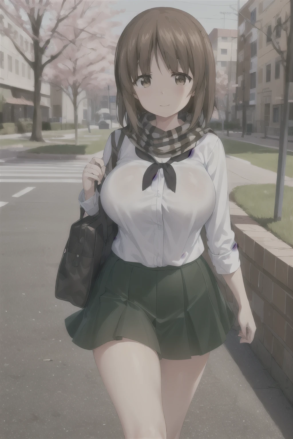 masterpiece,  best quality ,  1girl,One,girls and tanks ,Nishizumi Mio ,  brown hair,  brown eye , Short hair, big breasts, ooarai school uniform , a white shirt ,black scarf,green skirt,moccasins, outdoor, street, walking 