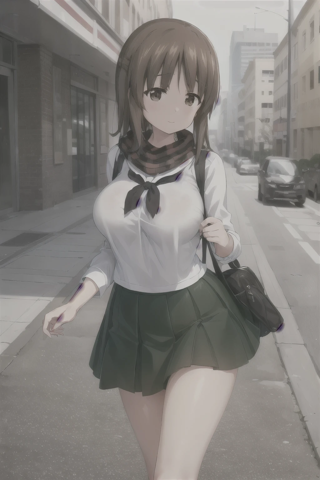 masterpiece,  best quality ,  1girl,One,girls and tanks ,Nishizumi Mio ,  brown hair,  brown eye , Short hair, big breasts, ooarai school uniform , a white shirt ,black scarf,green skirt,moccasins, outdoor, street, walking 