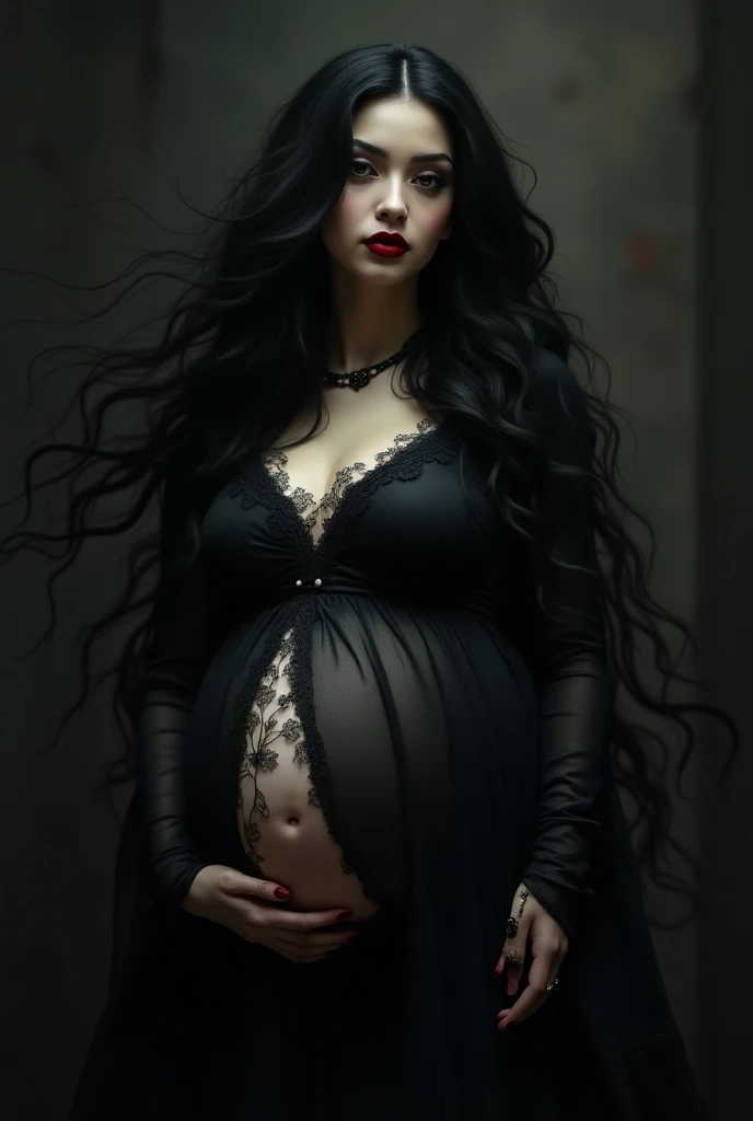A beautiful woman with a goddess body and long black hair, Pregnant slanted eyes and wearing lots of earrings as an adornment