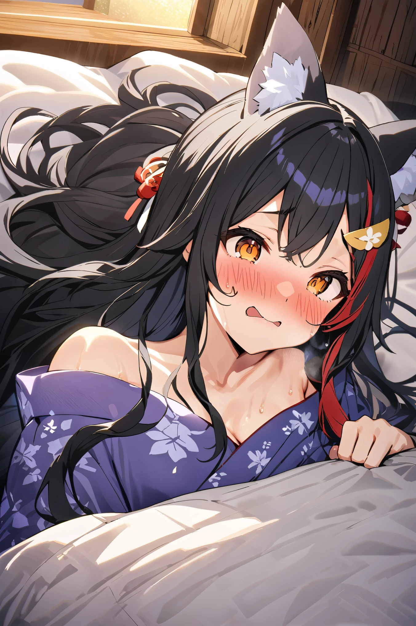 NSFW,masterpiece,Best Quality, high resolution on down, very detailed,Ogami Mio \( hololive \), very long hair,Black Hair,Wolf Ears,Hair accessories、kimono,yukata, off shoulder,Inn at night,Japanese-style room, moonlight,futon, I'm embarrassed,blush,Sleepy face, has sex appeal,sweat, Hollow Eyes, open clothes, lying down,Lying on your back