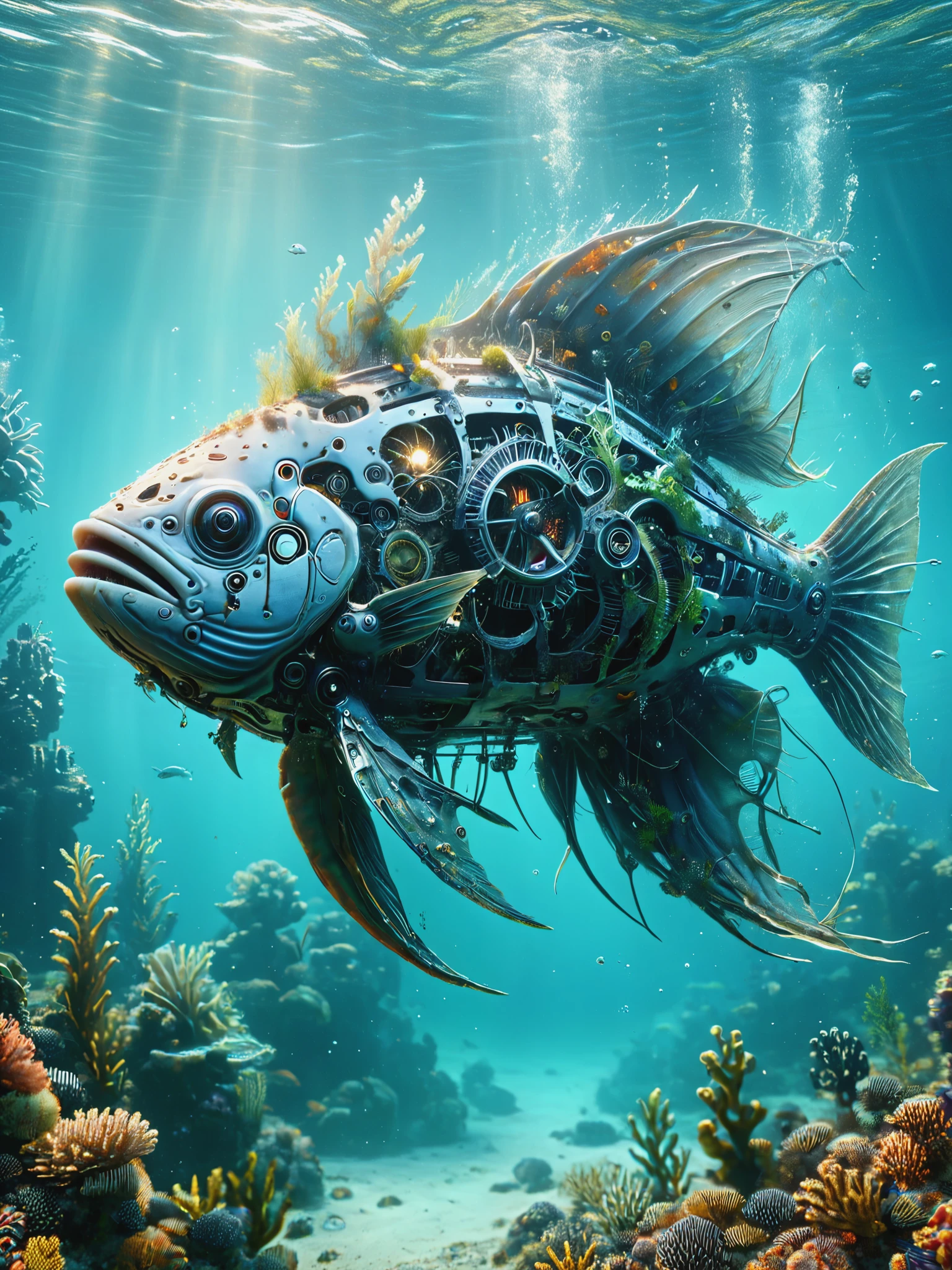 a fish gracefully swimming underwater, surrounded by a lush aquatic environment with glowing streams of light, overgrown with colorful coral and ancient relics,(best quality,4k,8k,highres,masterpiece:1.2),ultra-detailed,(realistic,photorealistic,photo-realistic:1.37),highly detailed fish, detailed underwater scenery, beautiful lighting, detailed coral and relics, serene atmosphere, vibrant colors