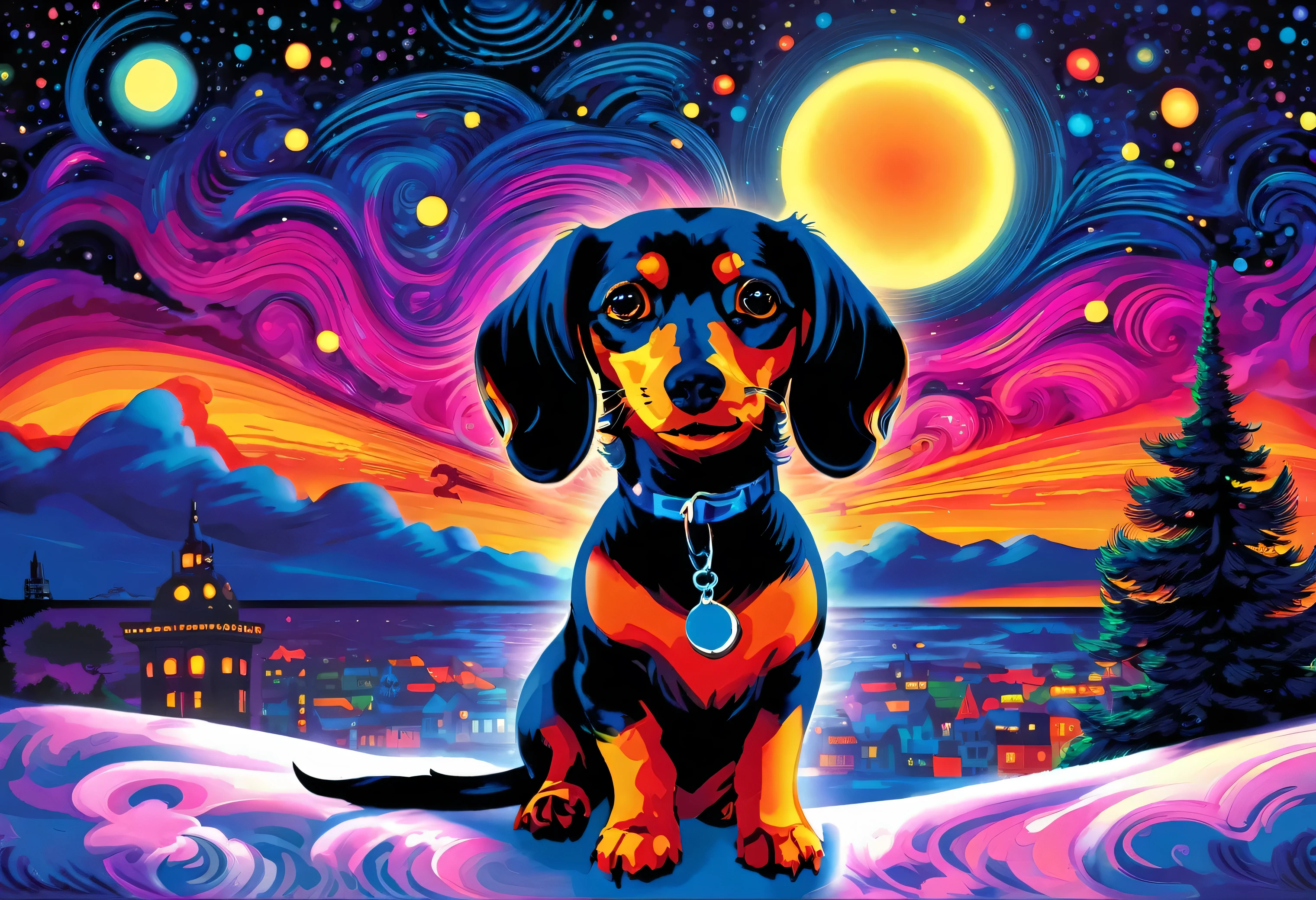 
black dachshund:1.2 (art by louis wain): psychedelic prints,dachshund under the night sky, ((illustration by louis wain)), 
(extreme detail), ((best quality)), ((masterpiece)), ((realistic)), (perfect) , 8k,, 8k, —q 4 —s 750