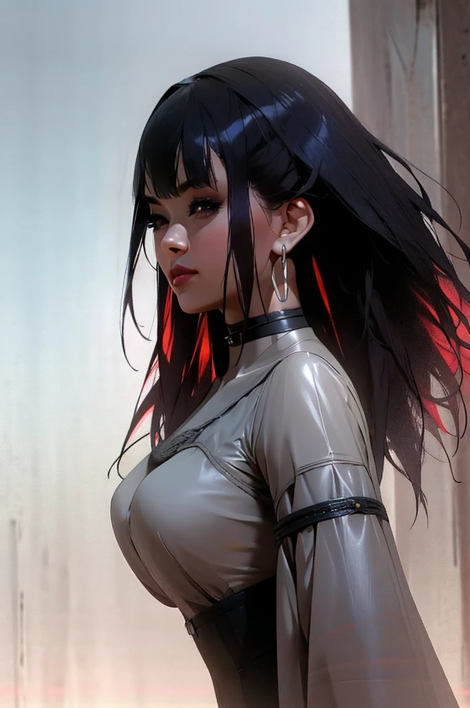 photorealistic portrait of stunning oriental goth woman, long multicoloured hair, platinum with blue and red, bangs, lips parted, seductive, sultry, lustful, choker, long earrings, sexy blouse, silhouetted, light hitting one side of face, the other side in darkness