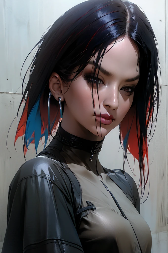 photorealistic portrait of stunning oriental goth woman, long multicoloured hair, platinum with blue and red, bangs, lips parted, seductive, sultry, lustful, choker, long earrings, sexy blouse, silhouetted, light hitting one side of face, the other side in darkness