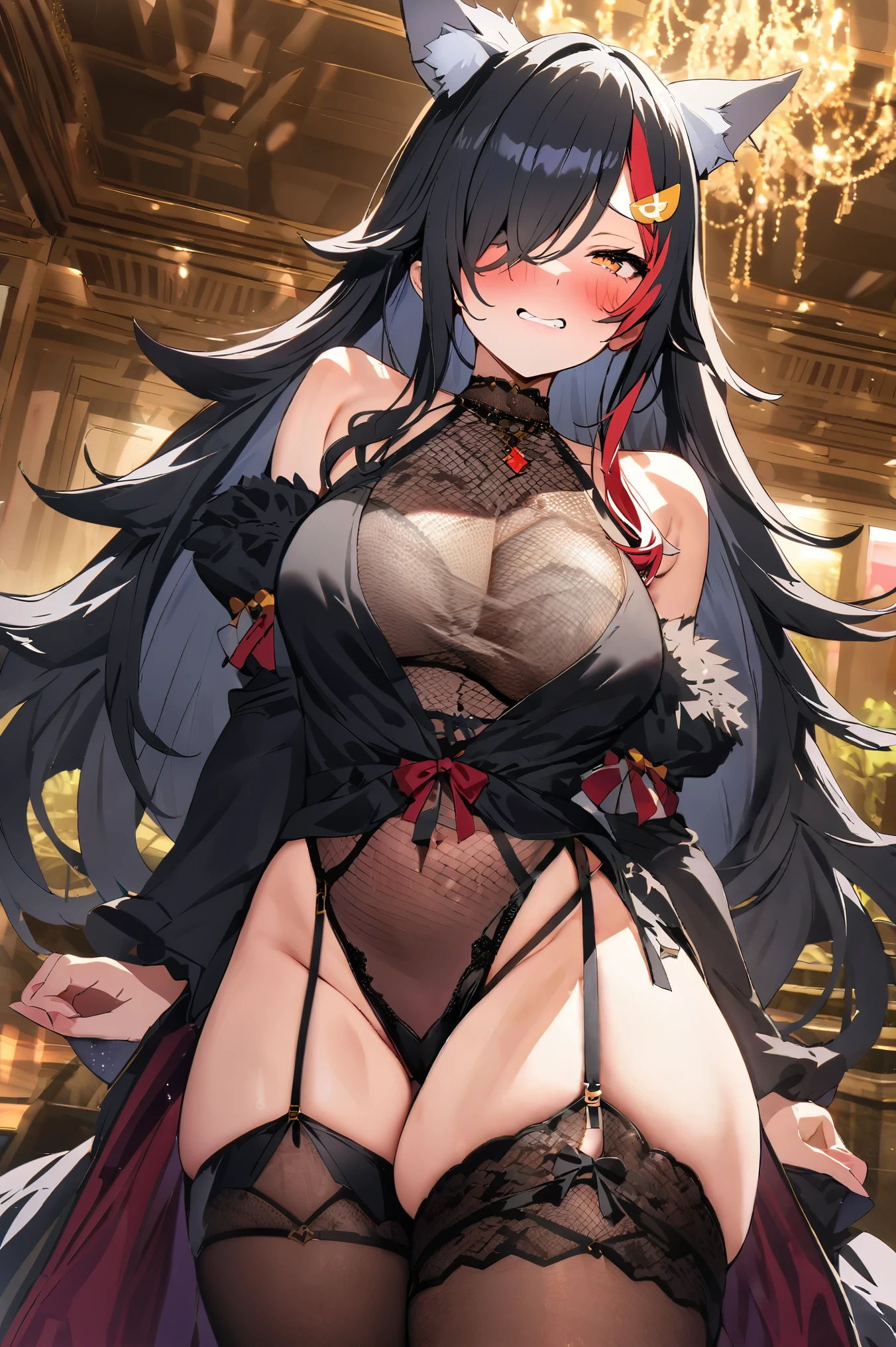 NSFW,masterpiece,Best Quality, high resolution on down, very detailed,Ogami Mio \( hololive \), long hair,Black Hair,Hair over one eye, Twin Tails,Wolf Ears,Mesh dress, sleeveless, Detachable Sleeves , garter strap,heel,blush,Luxurious mansion, chandelier, party venue,(Prostitute),Sexy expression