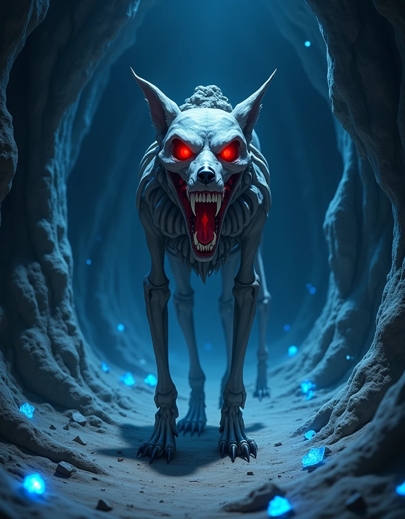 shaded, excellent quality, insanely detailed, phenyanyanya, honovy, marjani, personalami, hioshiru, male, muscular male, looking at viewer, animal genitalia, saggy balls, spread legs, canine penis, knot, big balls, white pupils, cave, dungeon, inside, rock, darkness, underground, glowing eyes, feral, quadruped, standing, paws, wolf, open mouth, teeth, all fours, tongue out, long tongue, hyper muscle, leaking precum, angry skull head, malo, mammal, canid, canine, bone, skull, fur, hair, genitals, black body, nipples, solo, black fur, black hair, digital media (artwork), monster
