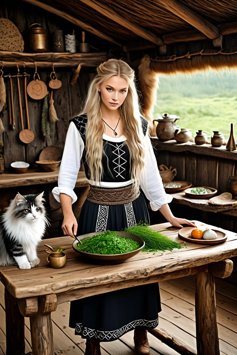 Goddess Freya. Beautifully with long blond hair partly braided . She stands at a table and mixes herbs together in a mystical way . The setting is in a Viking Age hut . In addition to her, two Norwegian forest cats roam around her . Freya wears a fur skirt and has a free upper body which symbolizes fertility. Her entire body is decorated with runes and Viking Age symbols. The situation is full of mysticism , Sensuality and strength . The picture is a realistic detailed black and white tattoo template